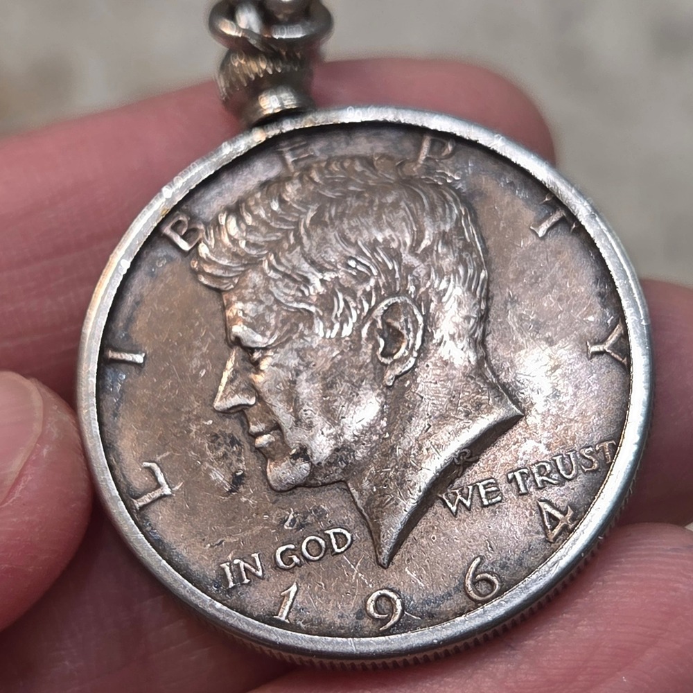 Vintage 1964 Kennedy Half Dollar 90% Silver Coin Keychain Snake Chain US Mint